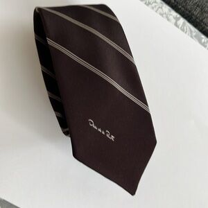 Oscar de la Renta Brown with Cream Threading Classic Elegant Tie, Vintage